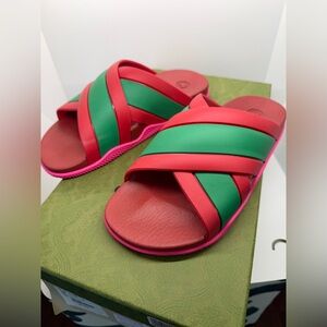100% Authentic Gucci Red/Green Slides with hot pink bottom. Worn twice. Size 38